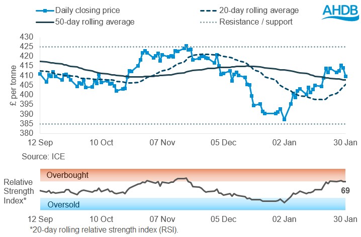 Line graph of Paris rapeseed futures prices for May-26 in £/t over the six months ending 30/01/2026